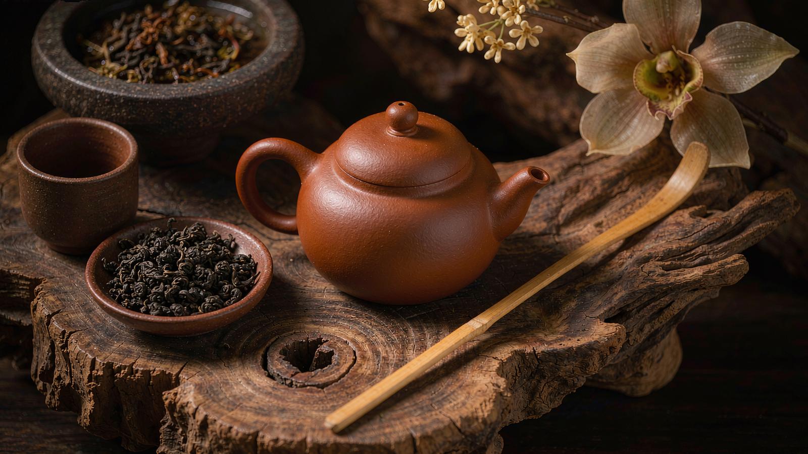 A clay teapot, a cup of loose leaf tea and fresh osmanthus flowers on a weathered tree root