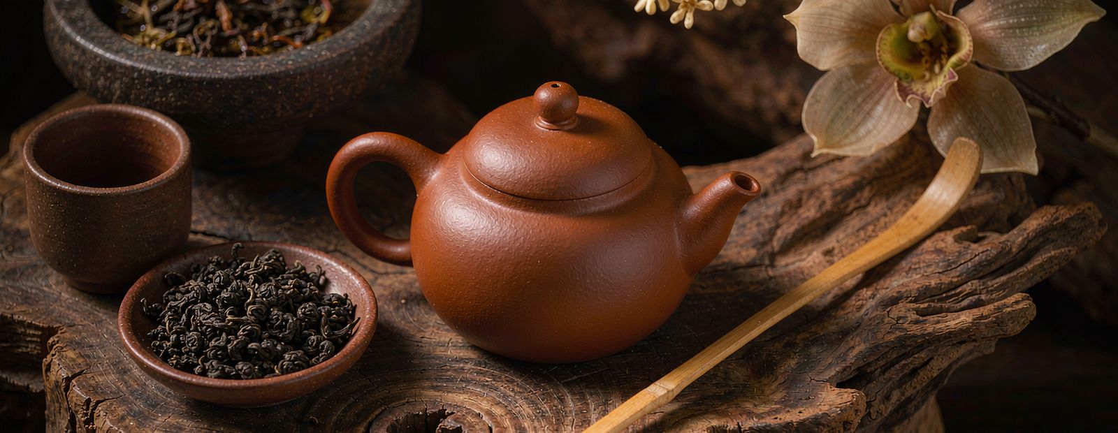 A clay teapot, a dish of loose leaf tea and osmanthus flowers on weathered wood